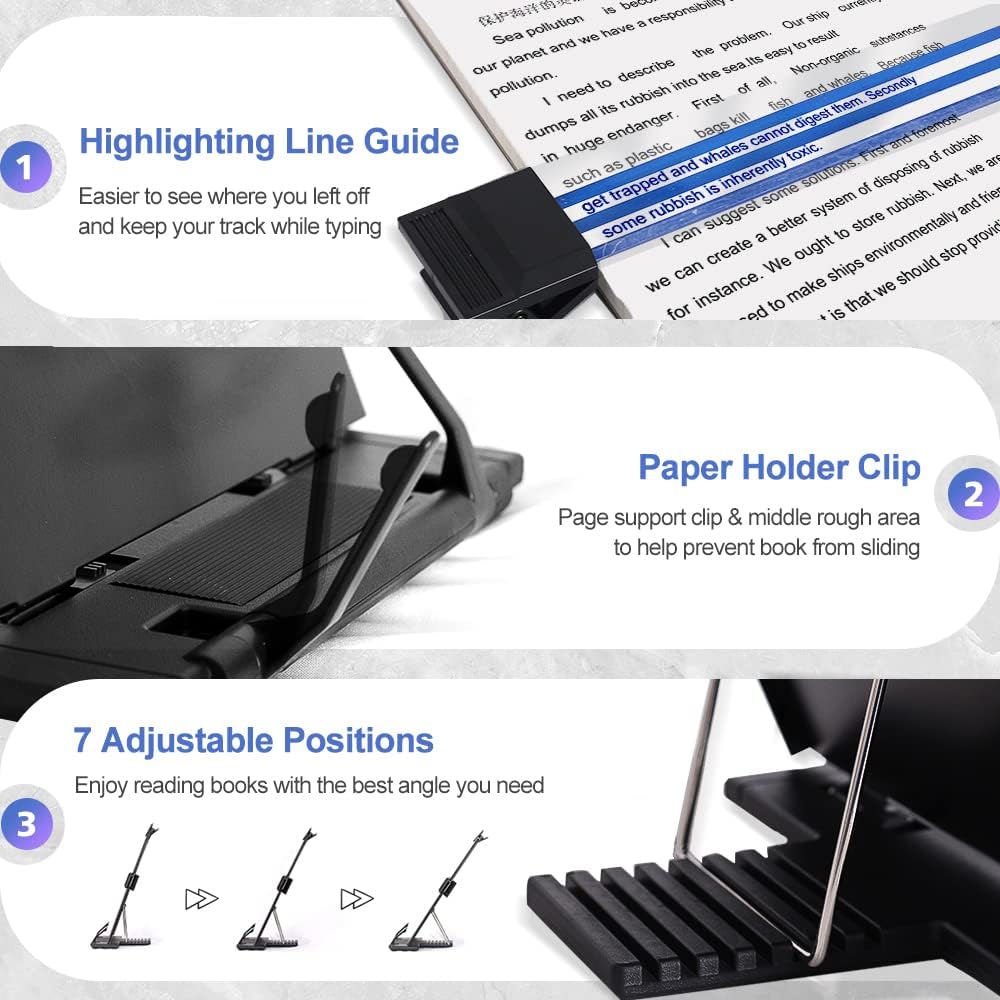 Desktop Document Holder Stand with 7 Adjustable Positions, Black Metal File Organizer Management Copyholder for Typing Speech Reading A4 Letter Music Book Tablet Office, with Paper Clip and Line Guide - Image 3