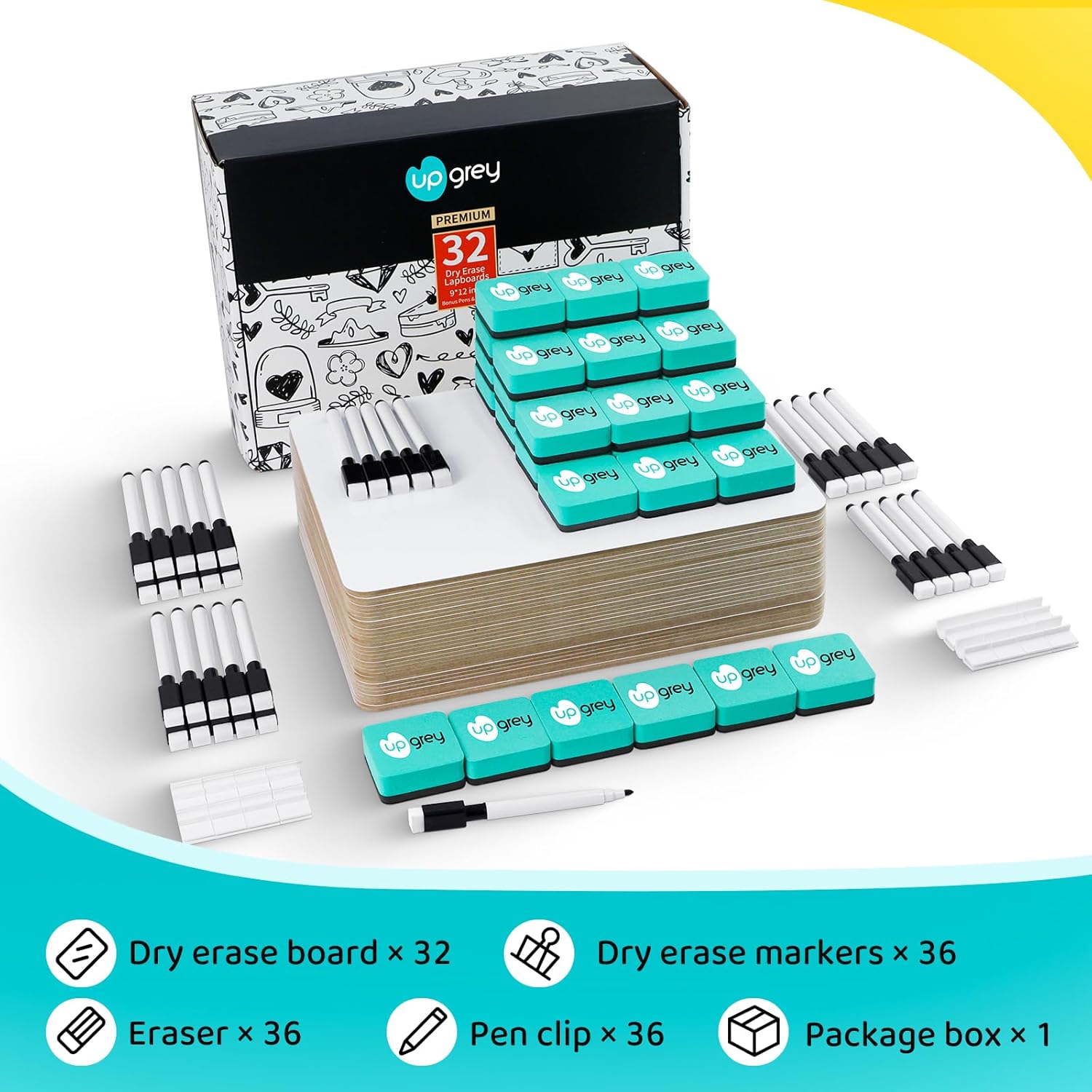Dry Erase Lapboards 32 Pack, Double-Sided Small White Board for Classroom Student, 9"x12" Portable Dry Erase Board Bulk, Mini Whiteboard with 36 Pens, 36 Erasers & 36 Pen Holders, for Teacher Supplies - Image 4