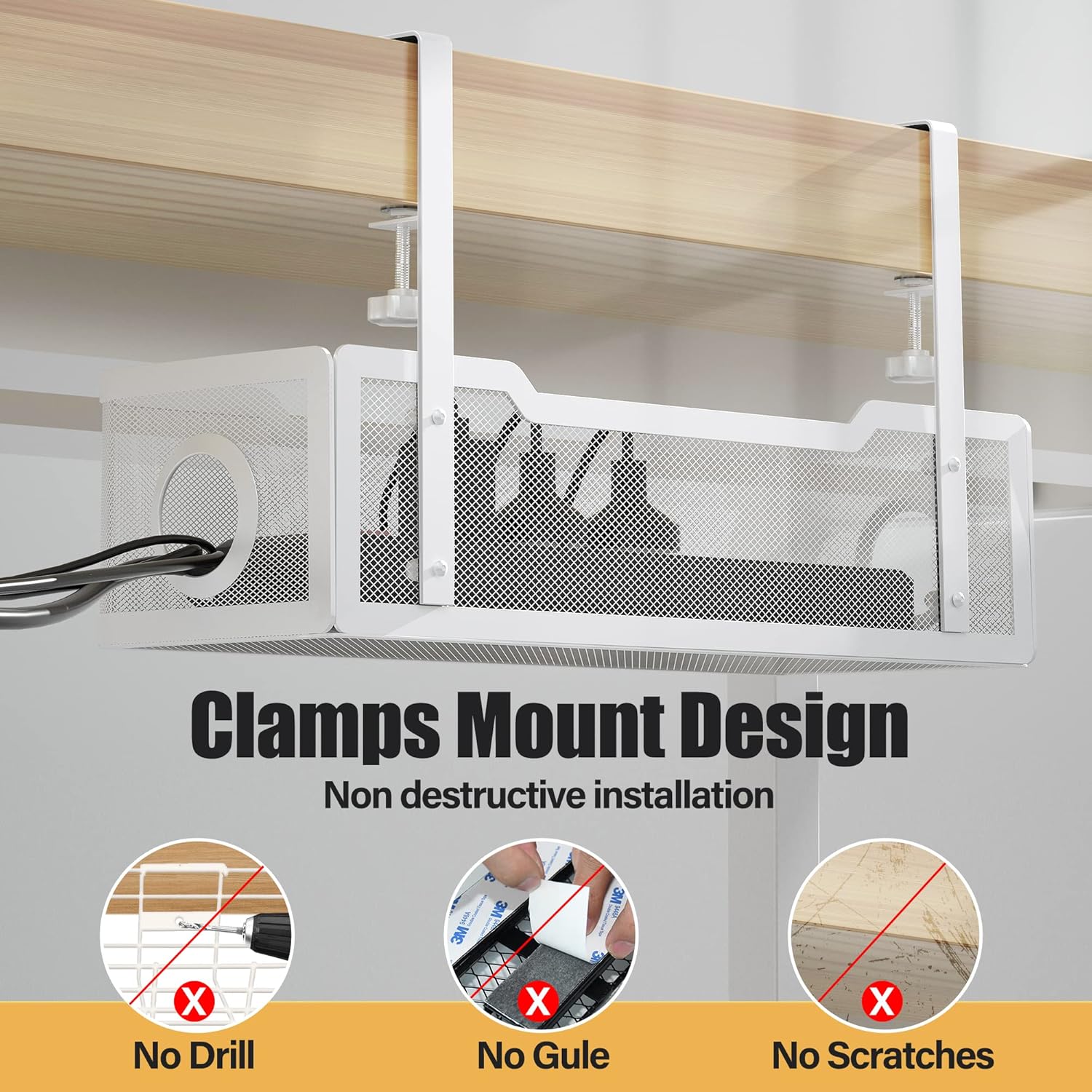 Under Desk Cable Management Tray White, Cinati Cable Management Under Desk No Drill, Cable Tray with Clamp for Desk Wire Management,Desk Cable Management Box for Office, Home - No Damage to Desk - Image 4
